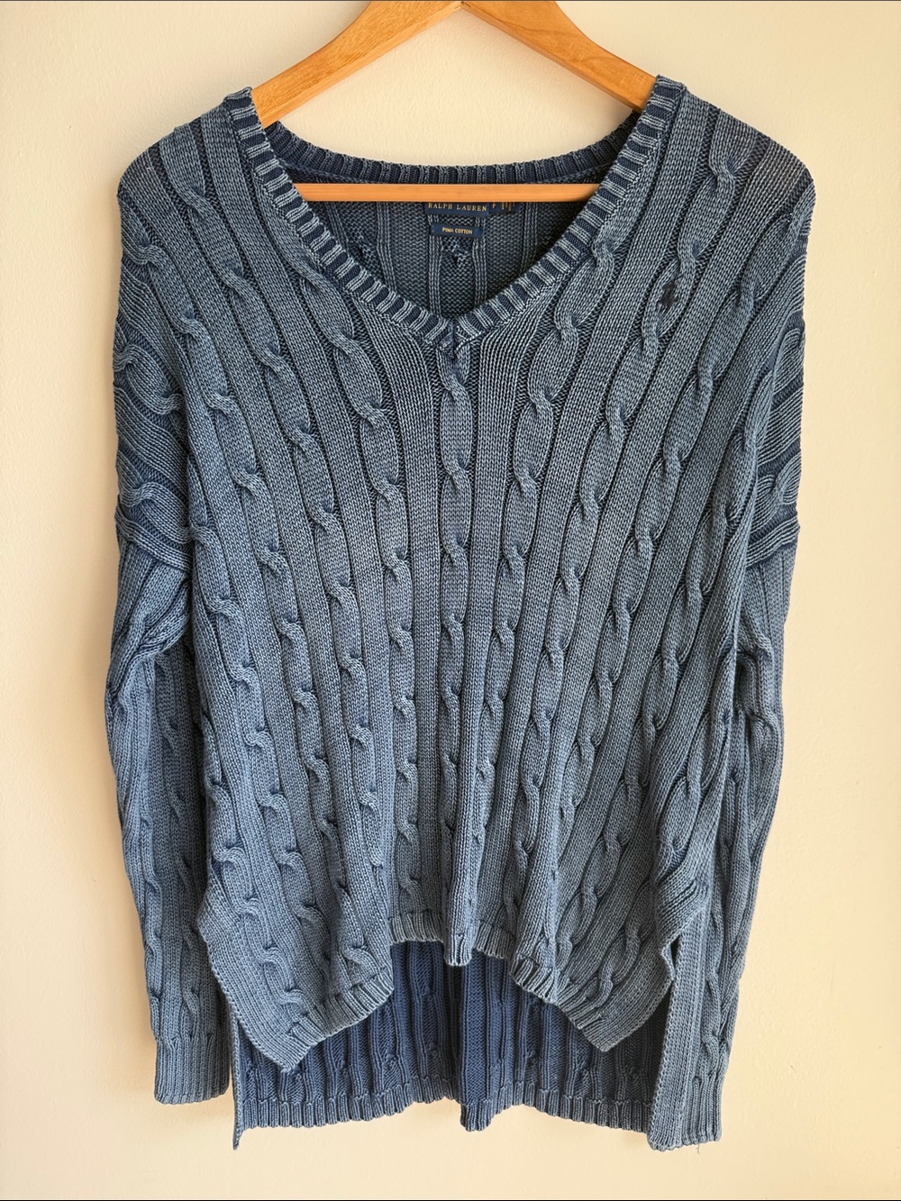 Polo Raulp Lauren Cable Knit V-Neck Sweater - Dusty Blue Size Small